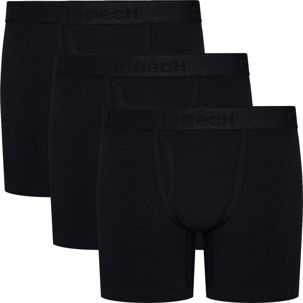 3-pack ftm packer underwear – Solid Black Rodeoh Shift Boxers with 6-inch inseam, and secure packer pocket.