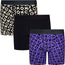 6" inseam Shift Boxer Brief gender neutral Underwear 3 Pack , with black and white XOXO print, solid black, and  black and purple XOXO print