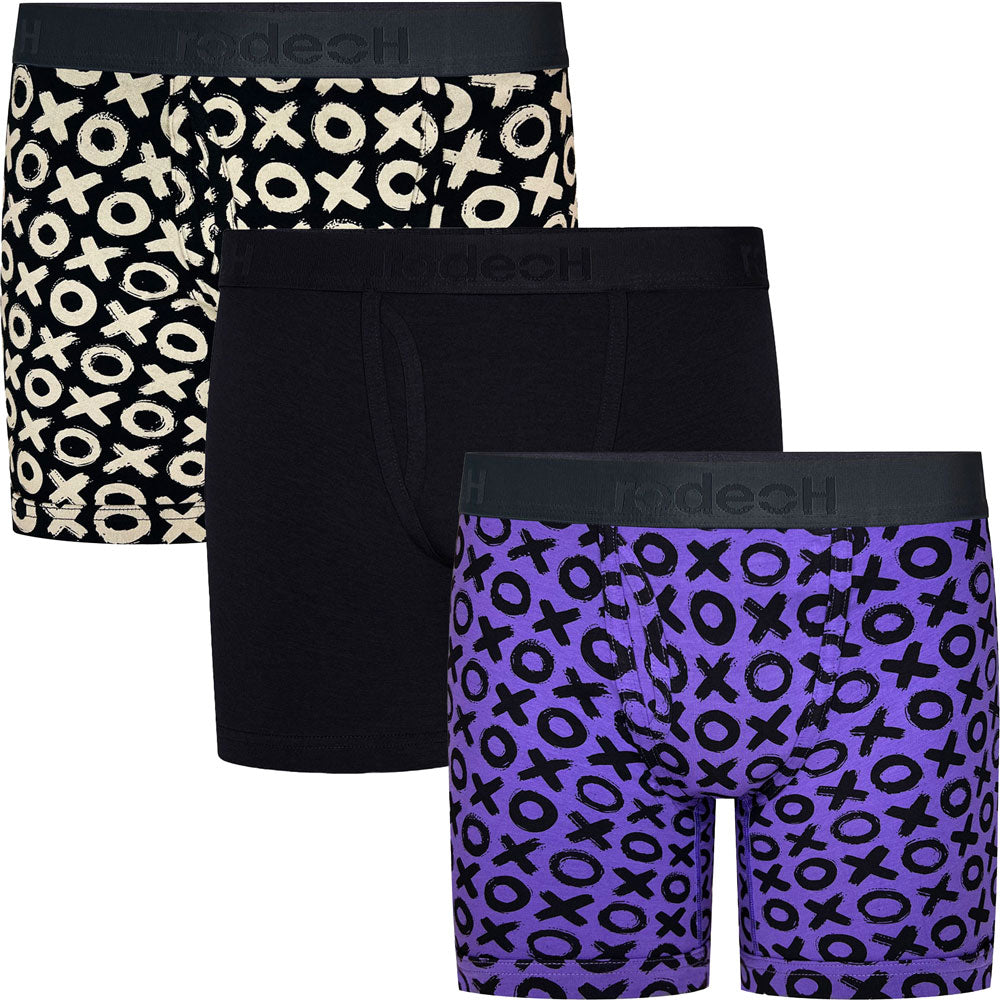 6" inseam Shift Boxer Brief gender neutral Underwear 3 Pack , with black and white XOXO print, solid black, and  black and purple XOXO print