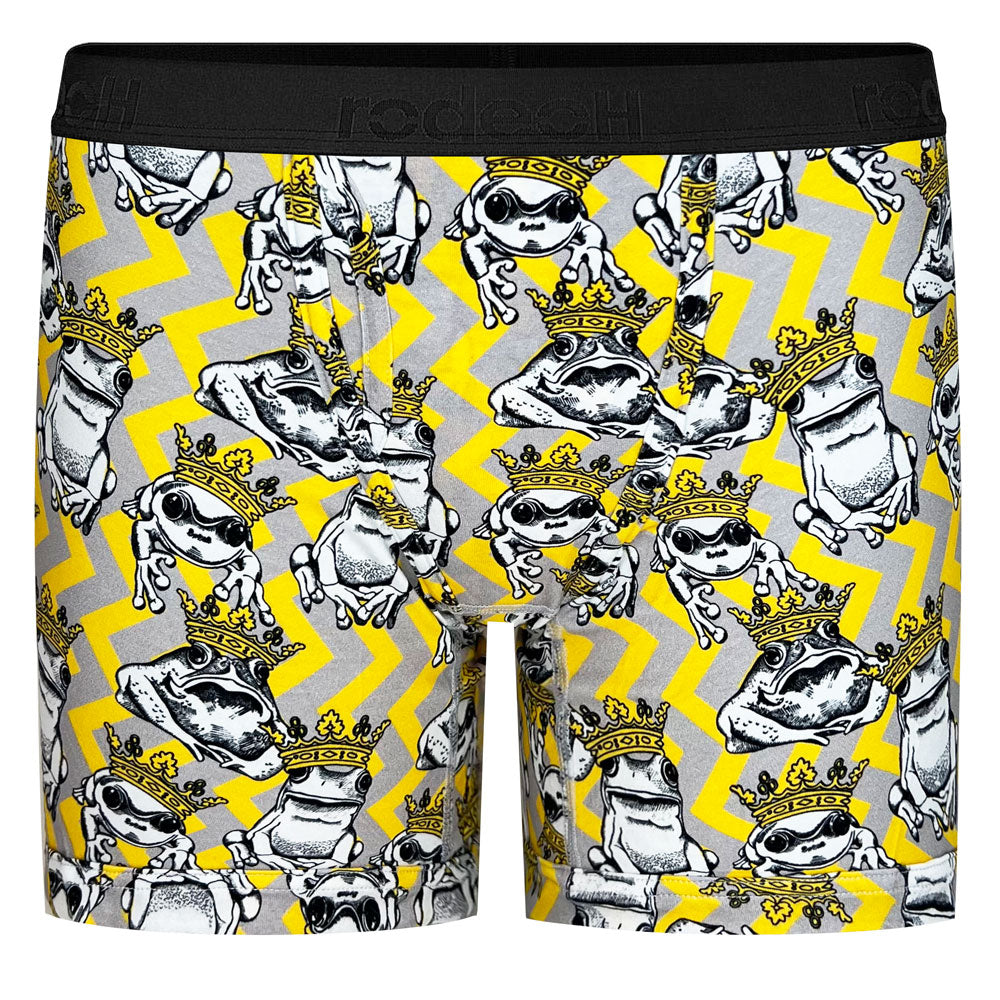 Gender-neutral packer underwear – 1 pair of yellow and gray zigzag pattern with frogs wearing crowns Rodeoh Shift Boxer with a 6-inch inseam, soft waistband, and an optional discreet interior pocket for secure, comfortable packing, designed for nonbinary and trans masc individuals.