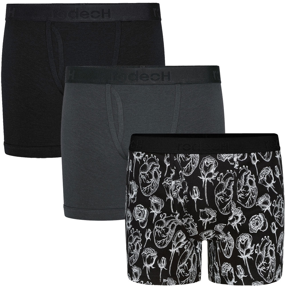 RodeoH Shift multipack 6" boxer brief gender neutral underwear with black, gray and black and white hears and roses print