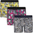 Gender-neutral packer underwear – 3 pairs of Rodeoh Shift Boxers. 1 pair is yellow and gray with frogs wearing crowns. One pair is hot pink with Zebras wearing glasses, and the third pair is a white and black zigzag pattern with hummingbirds. The boxers have a 6-inch inseam, soft waistband, and an optional discreet interior pocket for secure, comfortable packing, designed for nonbinary and trans masc individuals.