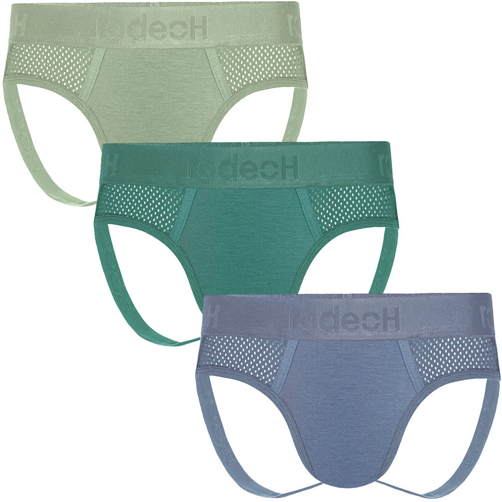 RodoeH cool Coastal Shift Jock 3 pack with Sage green, Pacific teal, and Slate blue shown form the front