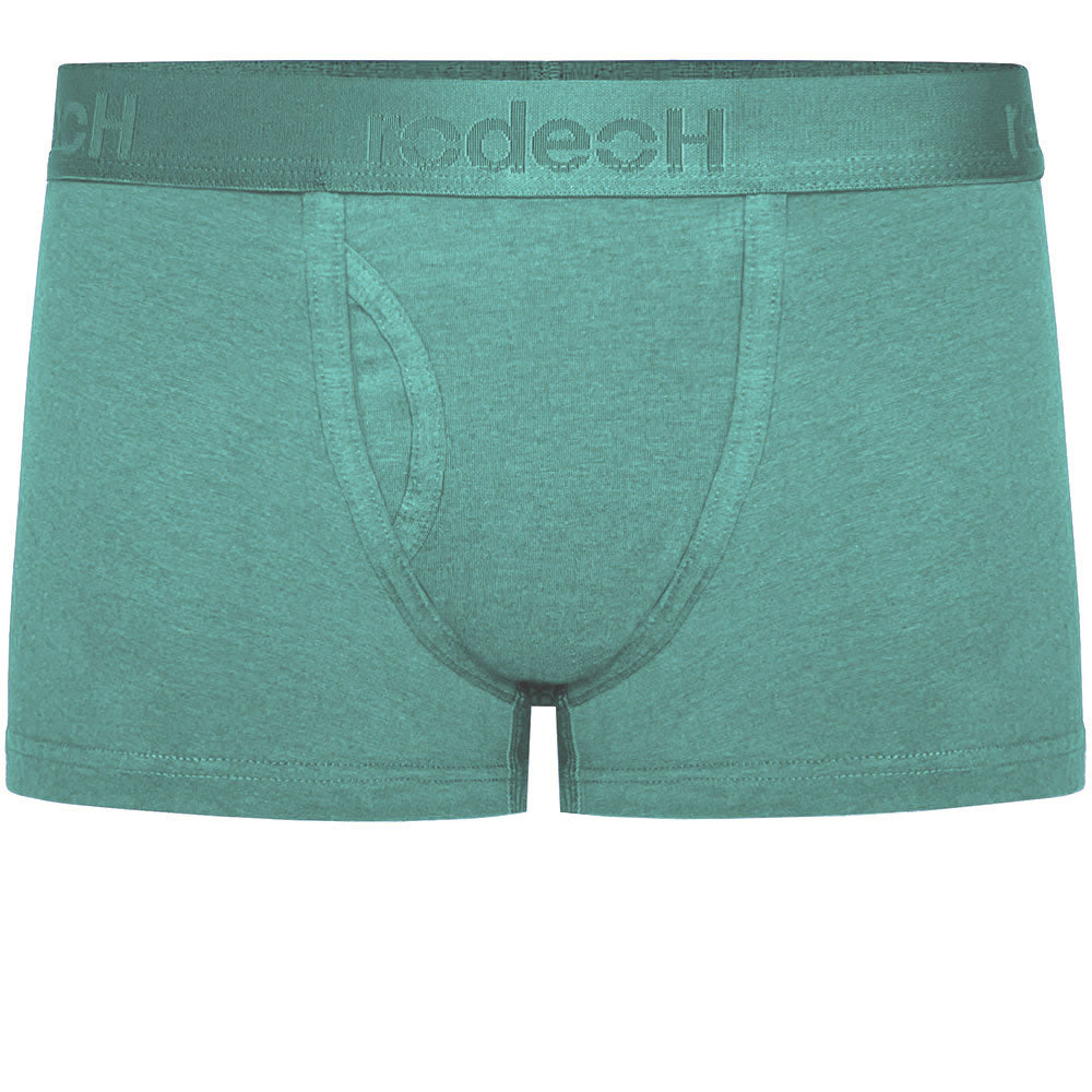 shift short underwear by rodeoh in pacific teal with logo waistband from the front, laid flat