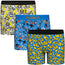 RodeoH top loading pouch packing boxers with satin logo waistband multipack th yellow and gray frogs print, blue and yellow melting smiley face print, and blue and multipack sugar skulls print