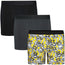 Black RodeoH 6" Shift boxer brief gender neutral underwear 3 pack, with a satin logo band, in gray, black and yellow frogs