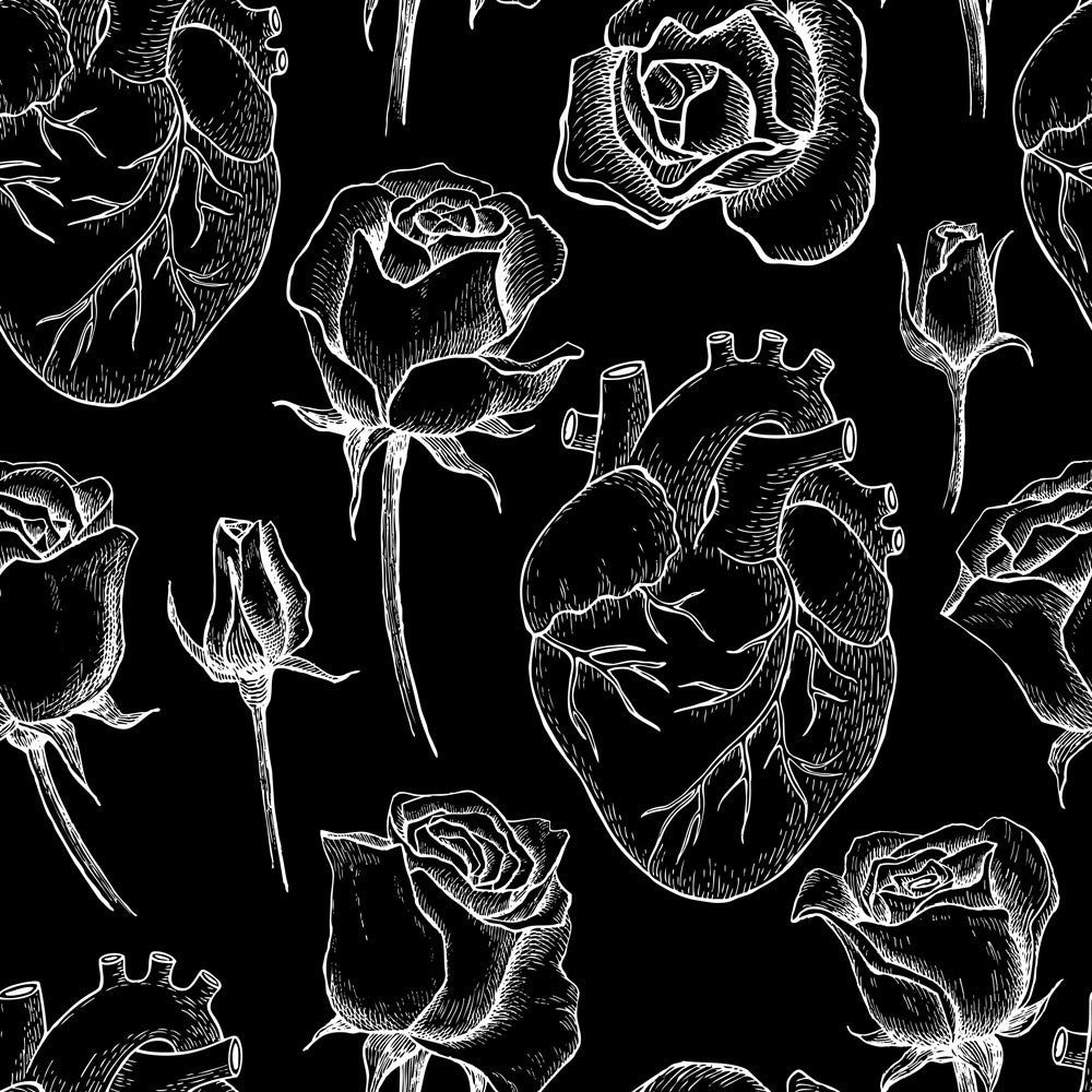 anatomical hearts and roses pattern white on black background