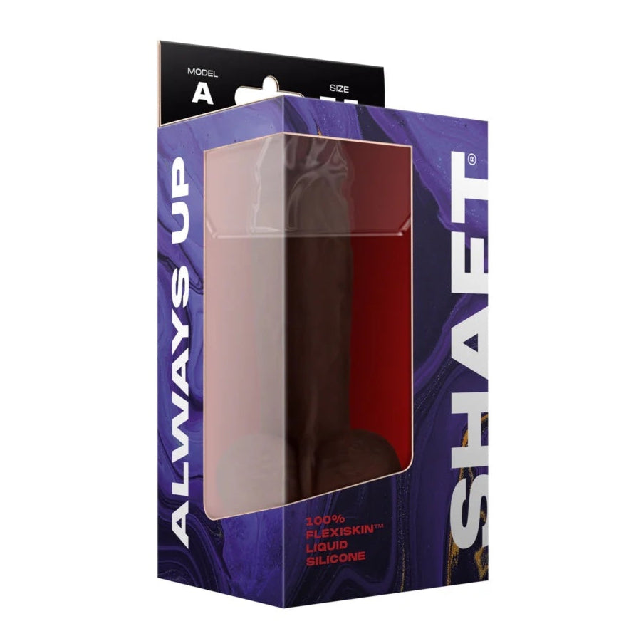 Shaft Model A silicone realistic dual density dildo with balls in Chocolate aka Mahogany with painted tip and suction cup base in packaging