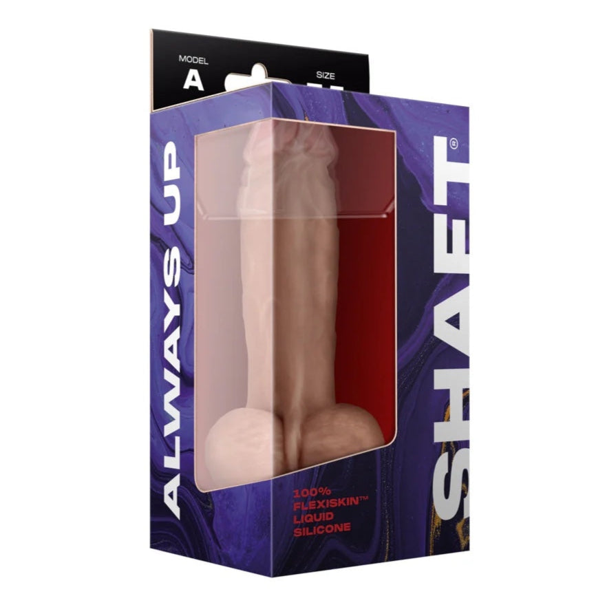 Shaft Model A silicone dual density dildo in Vanilla aka Pine with painted tip and suction cup base in package