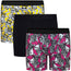 RodeoH 6" inseam Shift boxer brief gender neutral underwear multipack, with yellow frogs print, pink zebras print, and blacwith satin logo waistbands