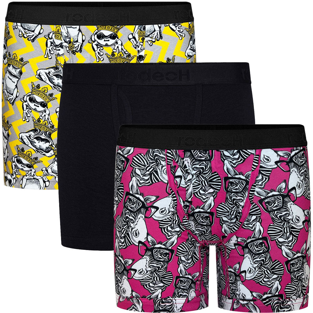 RodeoH 6" inseam Shift boxer brief gender neutral underwear multipack, with yellow frogs print, pink zebras print, and blacwith satin logo waistbands