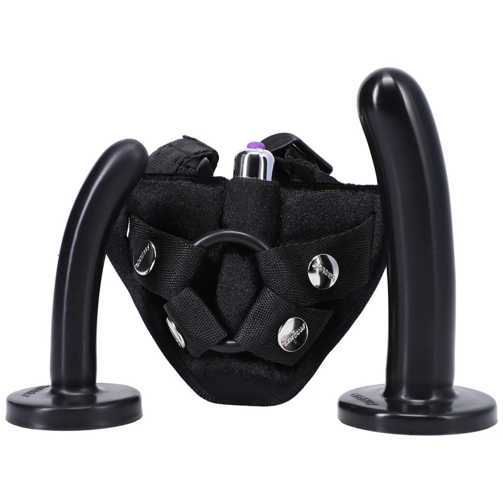 Black Bend over Beginners strap on kit with 2 black silicone dildos standing on the flat base of the dildos, with the black velvet finish harness