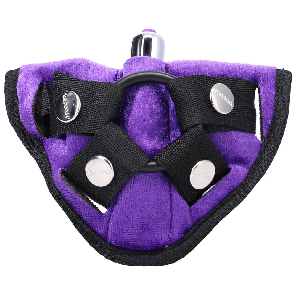 Purple Tantus Bend over Kit with purple velvet harness and mini bullet vibe inserted into built in bullet pouch