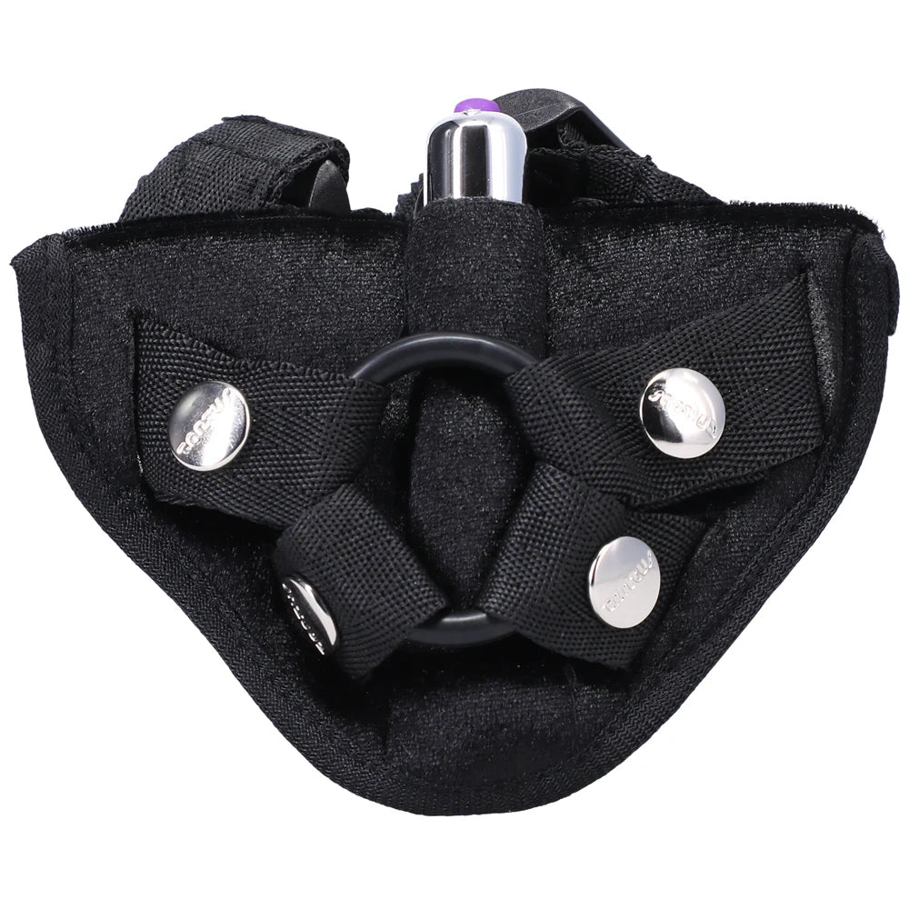 Black Bend over Beginners strap on kit close up of black velvet finish harness with included mini bullet vibe inserted into the built in vibe pocket