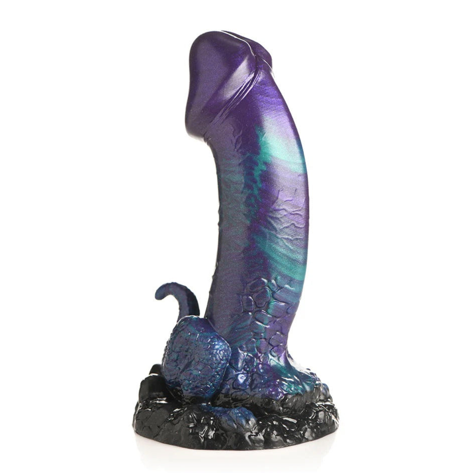 XR creature Cocks Dino Dick dinosaur fantasy dong with mini tail and legs in purple, black and teal from side view
