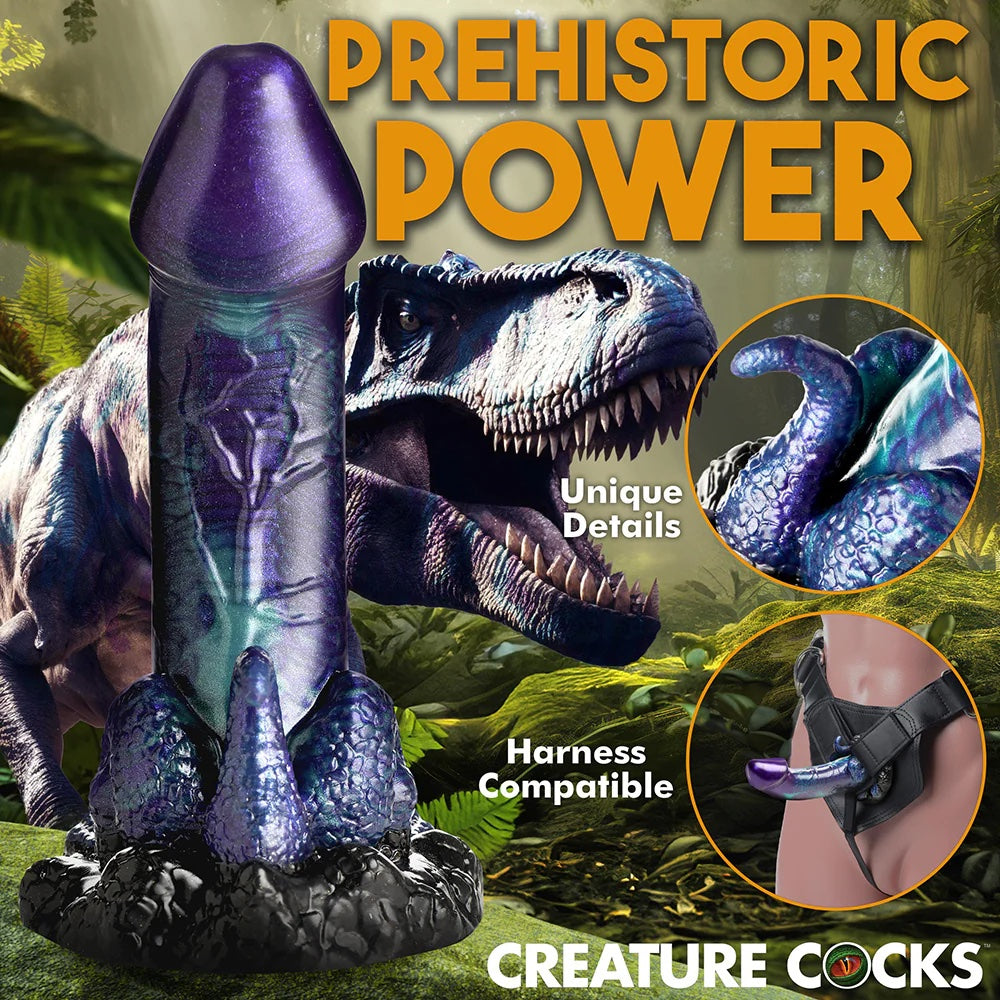 XR creature Cocks Dino Dick dinosaur fantasy dong with mini tail and legs in purple, black and teal in a strapon harness with zoomed in texture