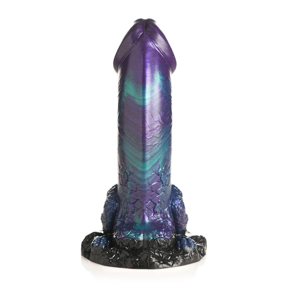 XR creature Cocks Dino Dick dinosaur fantasy dong with mini tail and legs in purple, black and teal from under shaft
