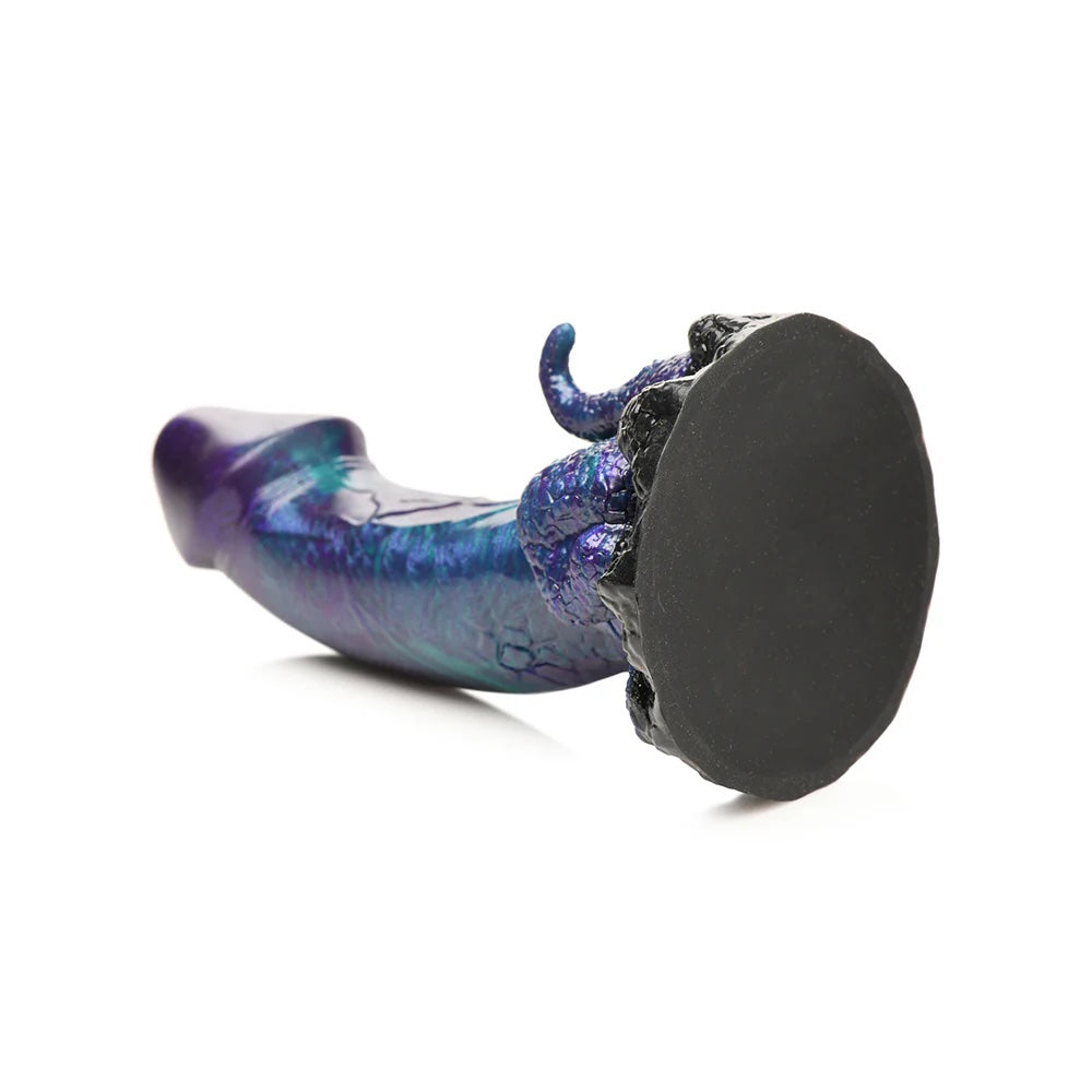 XR creature Cocks Dino Dick dinosaur fantasy dong with mini tail and legs in purple, black and teal bottom of the dildo displaying suction base