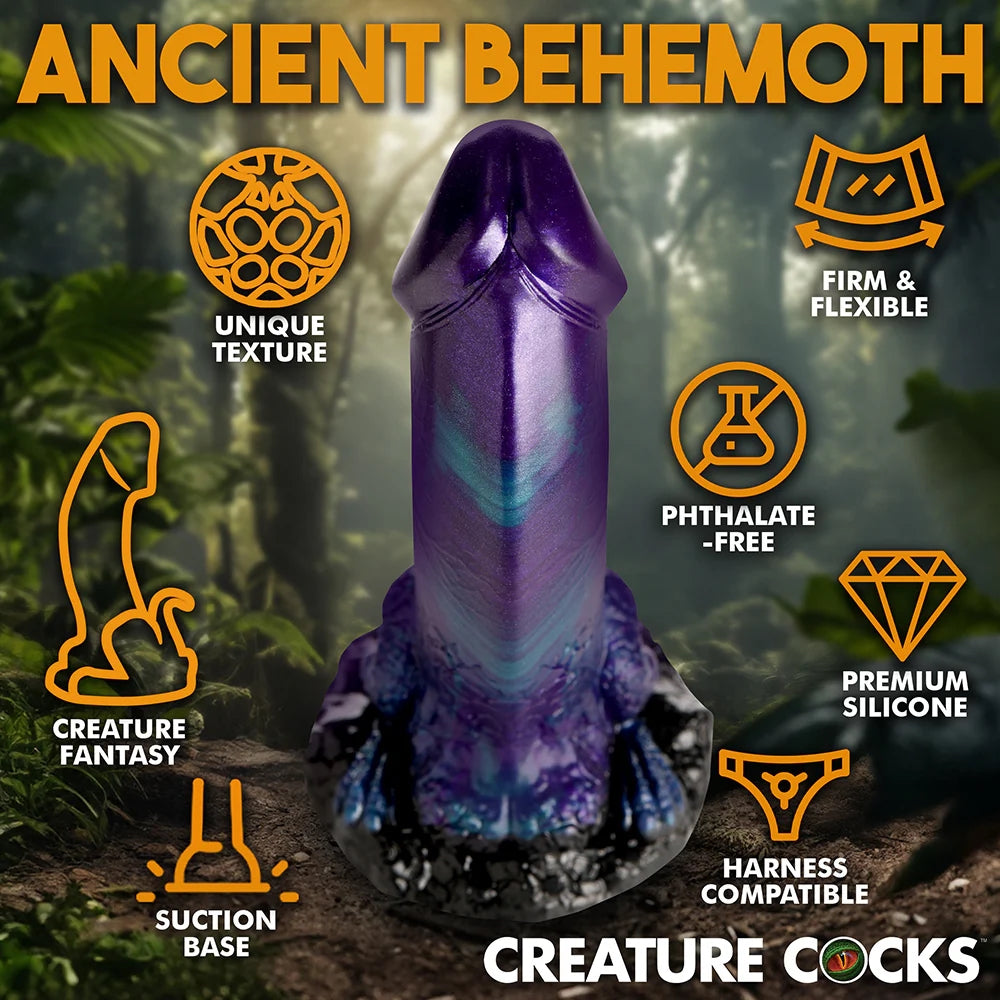 XR creature Cocks Dino Dick dinosaur fantasy dong with mini tail and legs in purple, black and teal in a jungle scene with graphic text of fetaures