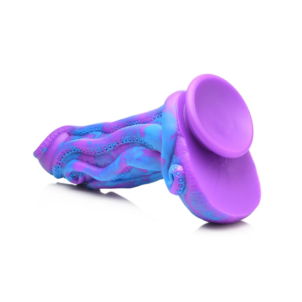 XR brands octophallus purple and blue tentacle wrapped phallus silicone dildo with suction laid flat to see suction cup underside