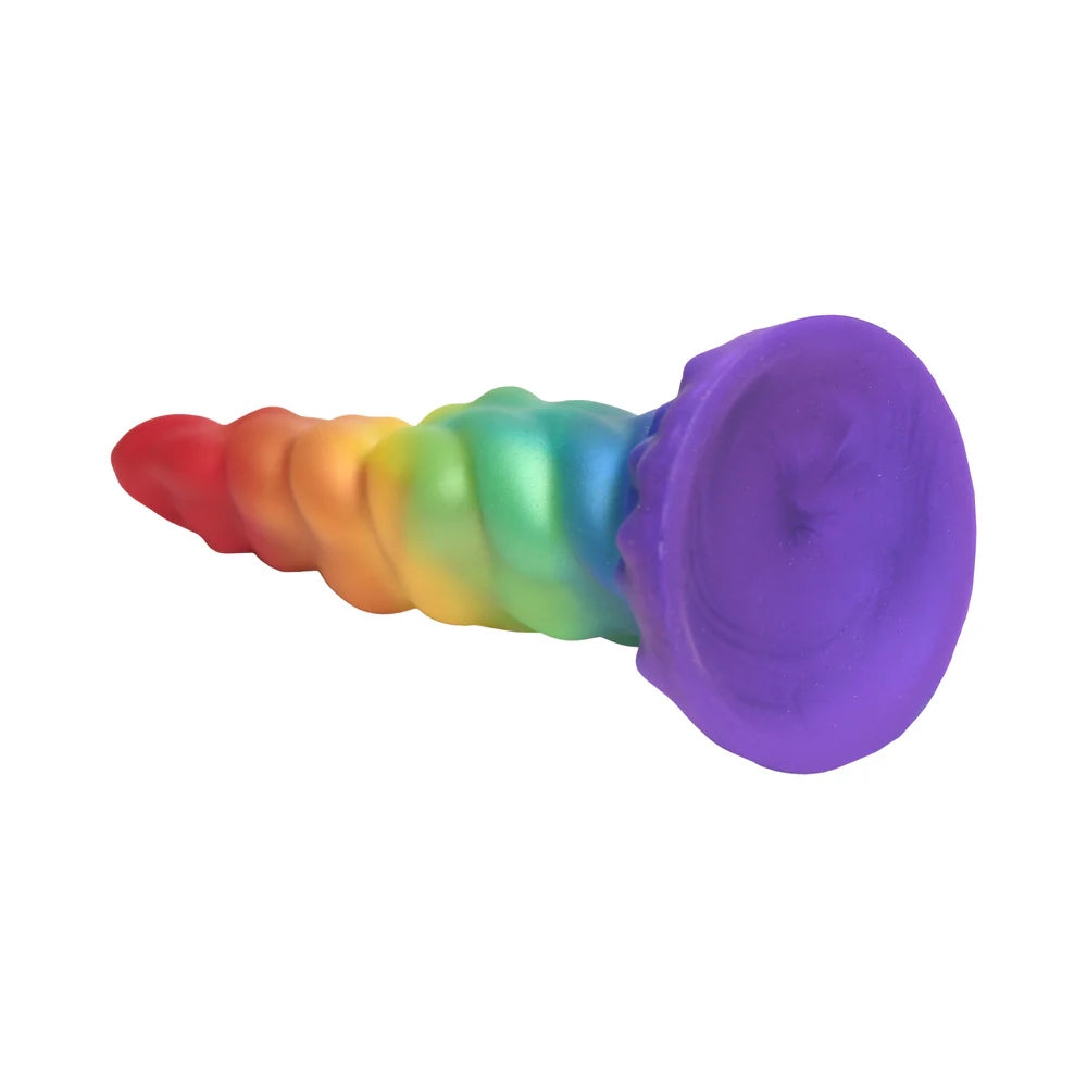 XR Creature Cocks Magic Rider rainbow tapered unicorn horn silicone fantasy dildo horizontal from below to display suction base