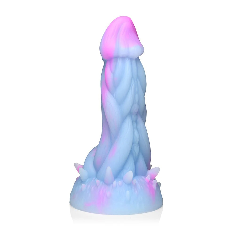 XR Brands Creature Cocks Nomura Jellyfish shaped, pink, purple and blue fantasy silicone dildo 3/4 side