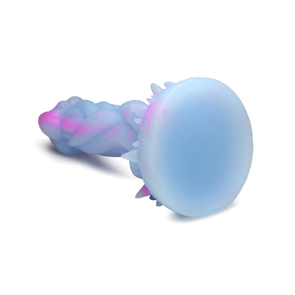 XR Brands Creature Cocks Nomura Jellyfish shaped, pink, purple and blue fantasy silicone dildo bottom view of suction base