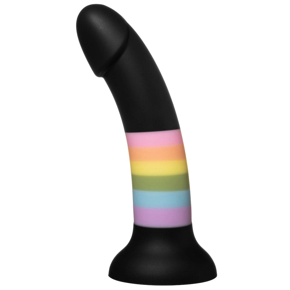 black dildo with rainbow stripe and suction cup bottom, standing up