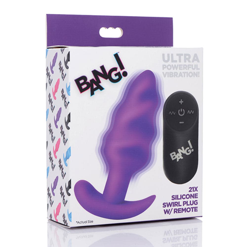 Bang! 21x Vibrating Silicone Rechargeable Swirl Butt Plug - Remote Control - Purple - RodeoH