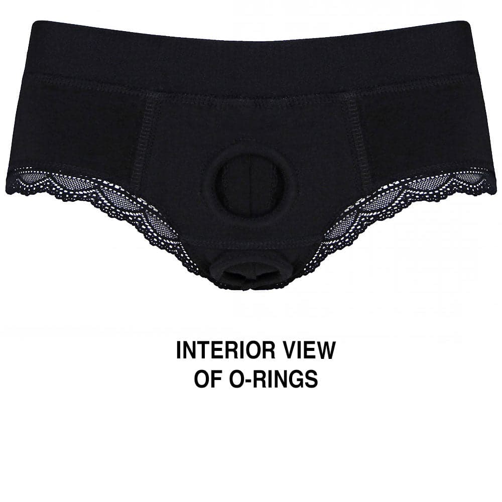 Duo Panty Harness in black flipped inside out to show interior and o rings