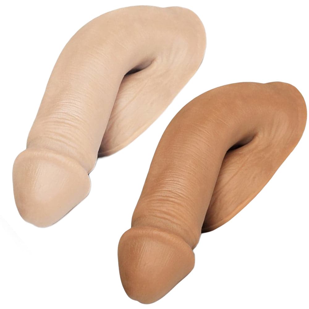Two Mr. Limpy realistic-looking soft packers in caramel and vanilla colors, made of a flesh-like material with a matte finish.