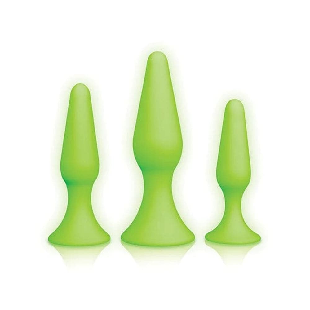 Ouch! Glow in The Dark 3 Piece Silicone Anal Plug Set - Neon Green - RodeoH
