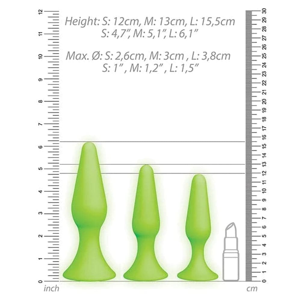 Ouch! Glow in The Dark 3 Piece Silicone Anal Plug Set - Neon Green - RodeoH