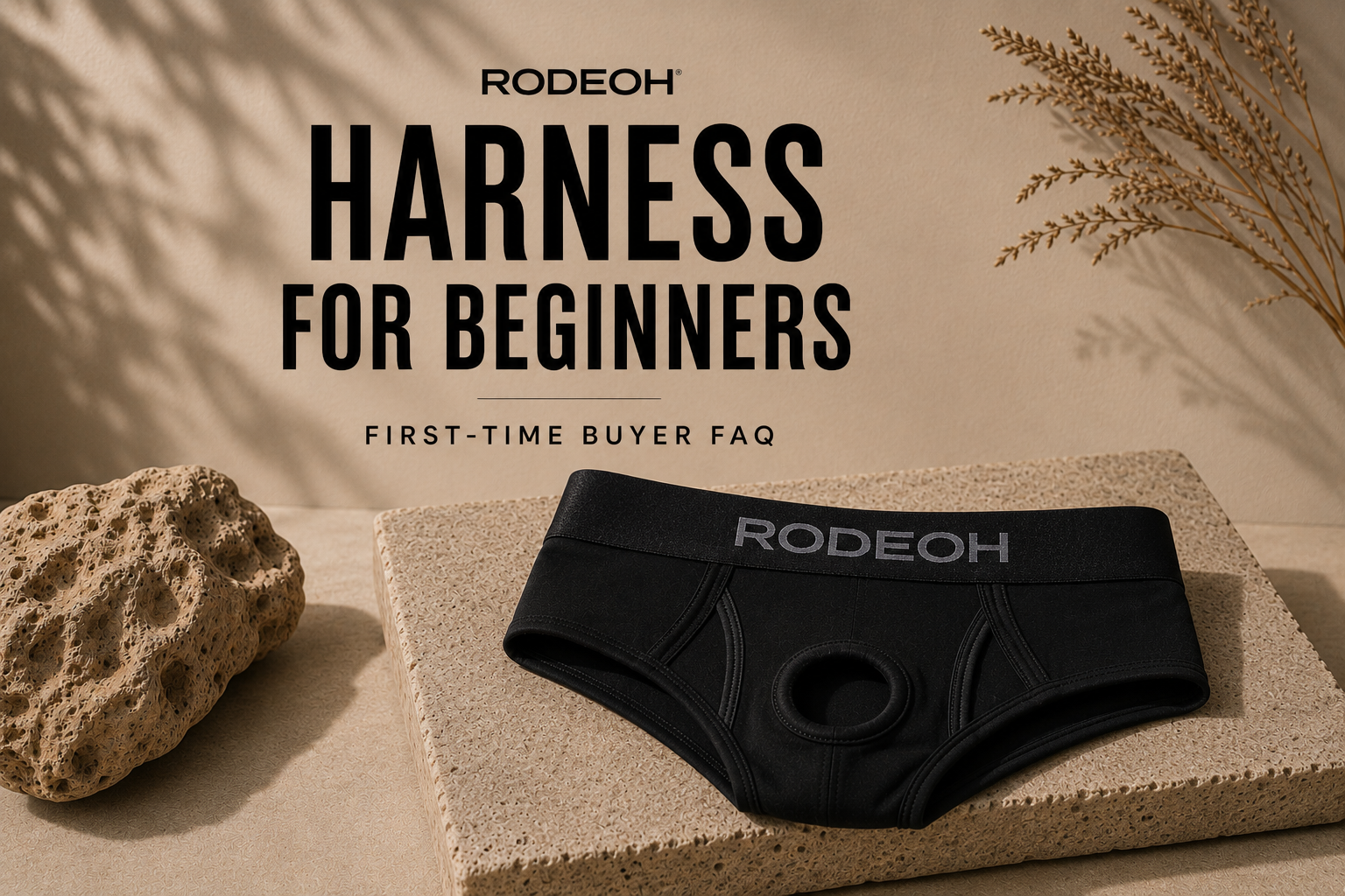 Black RodeoH harness brief displayed on a stone platform with the title "Harness for Beginners: First-Time Buyer FAQ" in a warm, editorial-style hero image.