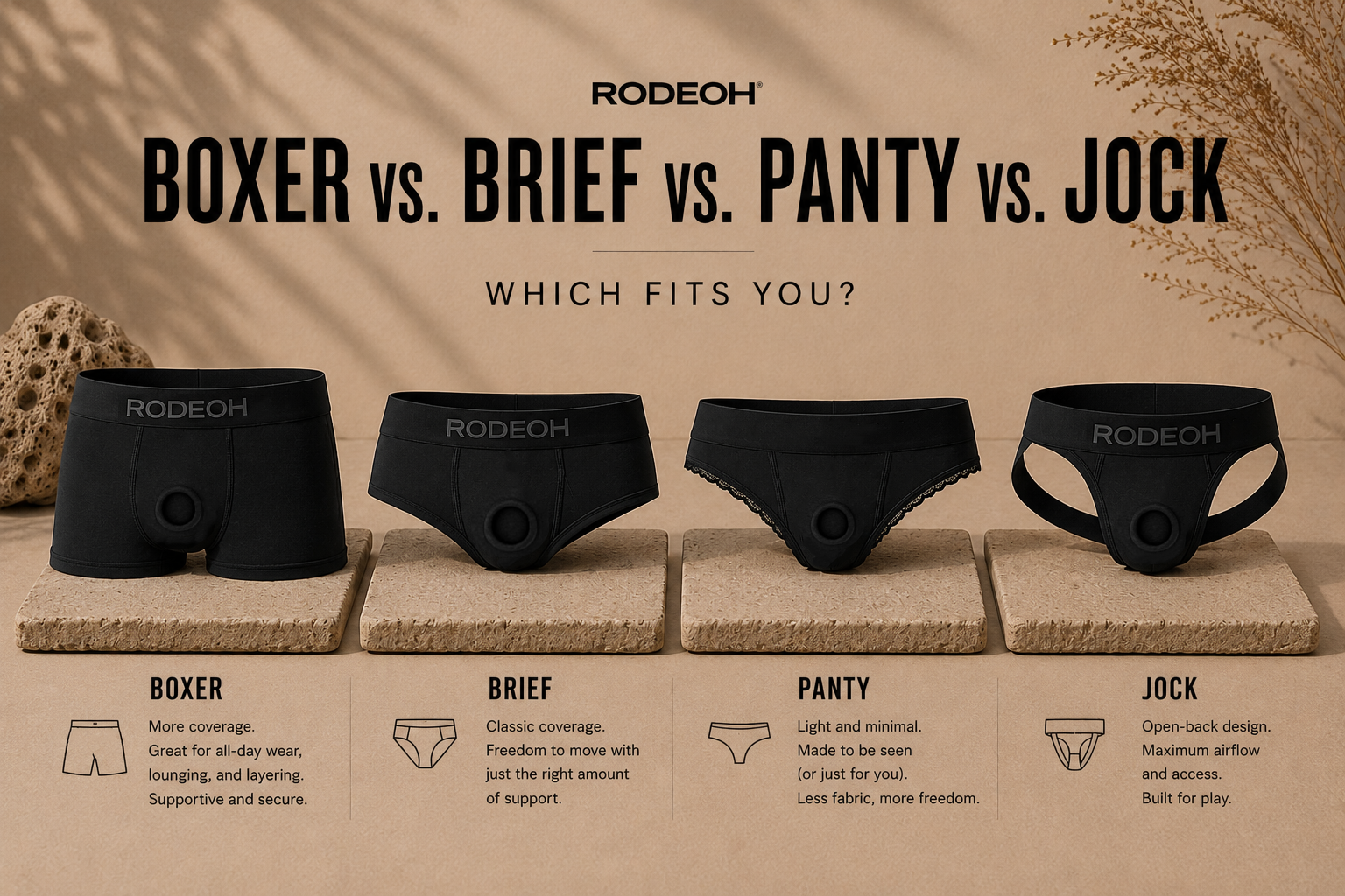 Comparison image showing four black RodeoH harness styles—boxer, brief, panty, and jock—with the title "Boxer vs. Brief vs. Panty vs. Jock: Which Fits You?"