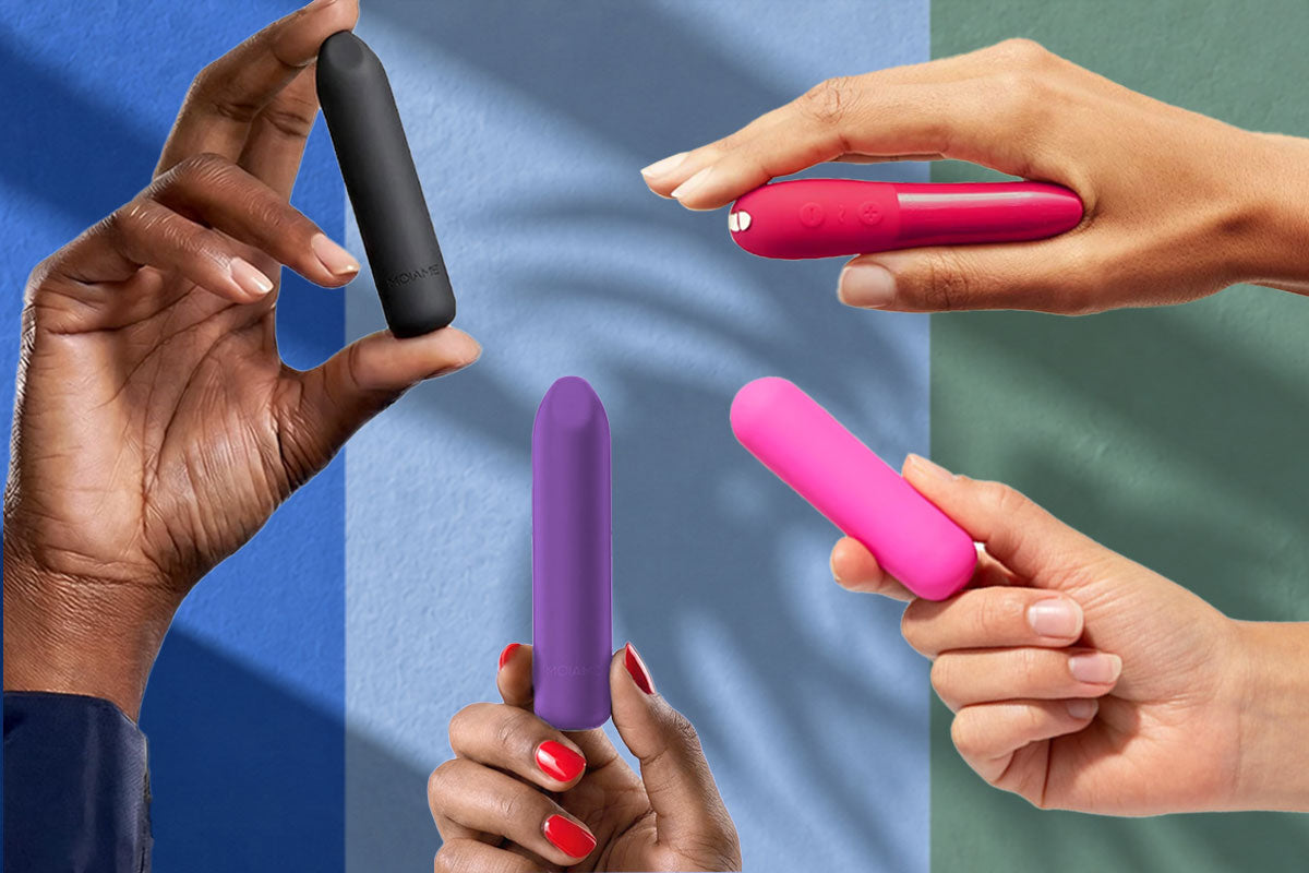 4 hands holding various colors of bullet vibrator with a stripe background