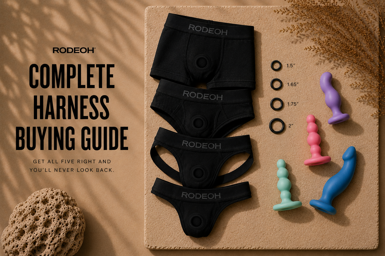 Editorial hero image for the "Complete Harness Buying Guide" showing RodeoH harness underwear styles, O-ring sizes, and body-safe silicone accessories arranged in a minimalist flat-lay to introduce the guide.