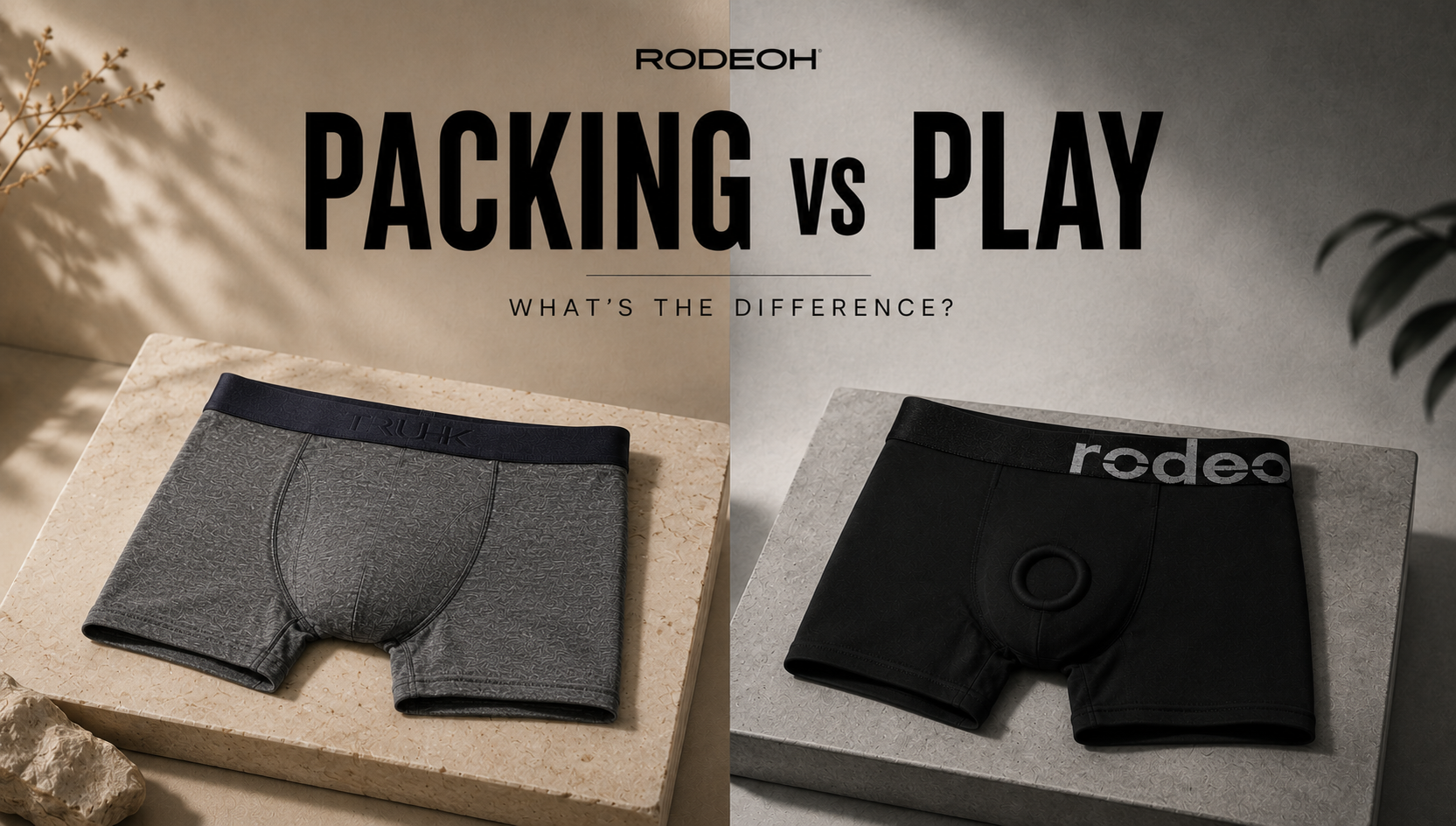 Comparison image showing gray packing underwear and a black RodeoH play harness brief side by side with the title "Packing vs. Play: What's the Difference?"