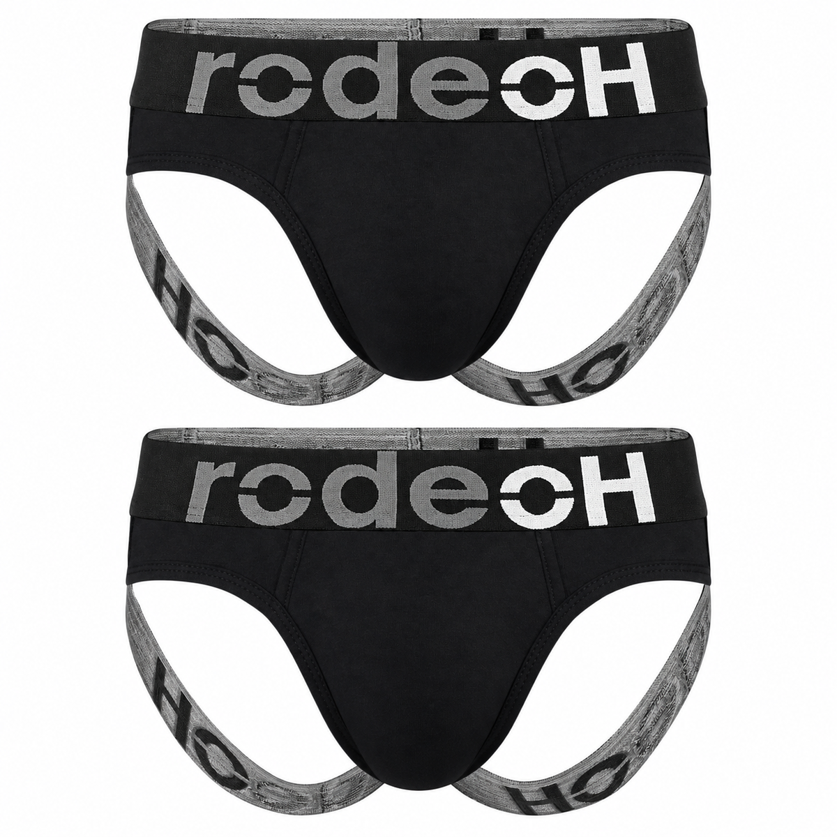 2-pack of black RodeoH jockstraps with bold gray and white RodeoH logo waistbands and matching gray branded leg straps, displayed on a white background.