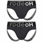 2-pack of dark charcoal RodeoH jockstraps with black waistbands, bold gray and white RodeoH branding, and matching gray branded leg straps on a white background.
