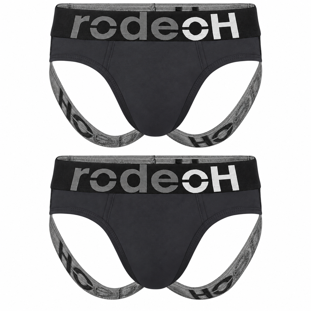 2-pack of dark charcoal RodeoH jockstraps with black waistbands, bold gray and white RodeoH branding, and matching gray branded leg straps on a white background.
