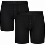Two black men's boxer briefs shown on a plain white background, with one pair slightly behind the other. The front pair has a button placket and the waistband shows the RUK brand name.