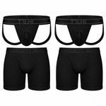 Four black men's boxer briefs shown on a plain white background, arranged in a 2x2 grid. The top row shows the front view of two thong-style briefs with wide waistbands and the brand name 'TRUHK' printed on them.
