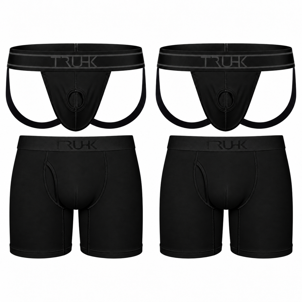 Four black men's boxer briefs shown on a plain white background, arranged in a 2x2 grid. The top row shows the front view of two thong-style briefs with wide waistbands and the brand name 'TRUHK' printed on them.