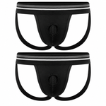 2 pack of black jockstrap underwear with a pouch front and a hole at the front center designed to support STP devices. The waistband is gray with white accents.