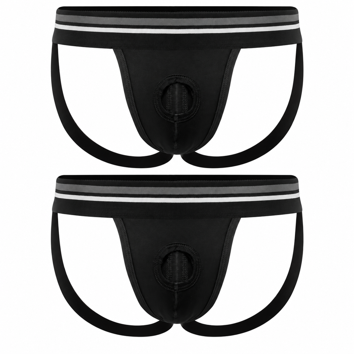 2 pack of black jockstrap underwear with a pouch front and a hole at the front center designed to support STP devices. The waistband is gray with white accents.