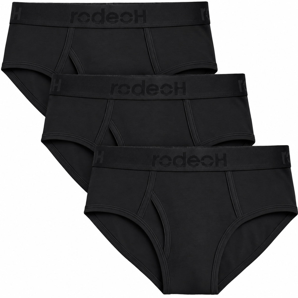 RodeoH Shift Brief 3 pack in Black: three black briefs stacked, from the front