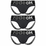 3-pack of dark charcoal RodeoH jockstraps with black waistbands, bold gray and white RodeoH branding, and matching gray branded leg straps on a white background.
