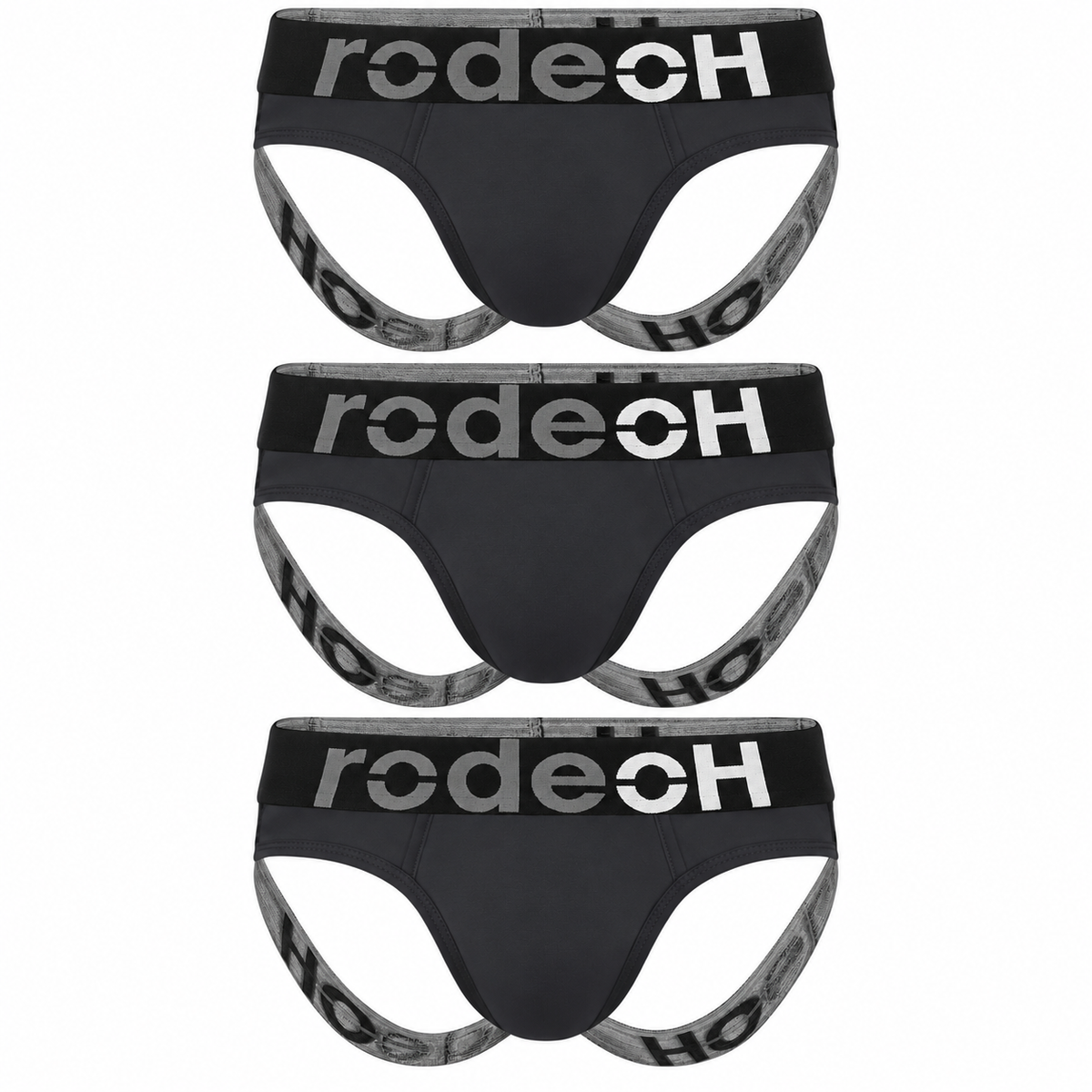 3-pack of dark charcoal RodeoH jockstraps with black waistbands, bold gray and white RodeoH branding, and matching gray branded leg straps on a white background.