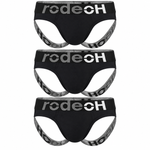 3-pack of black RodeoH jockstraps with bold gray and white RodeoH logo waistbands and matching gray branded leg straps, displayed on a white background.